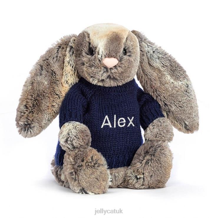 Jellycat Toy V248Z397 Bashful Cottontail Bunny with Personalised Navy Jumper Grey