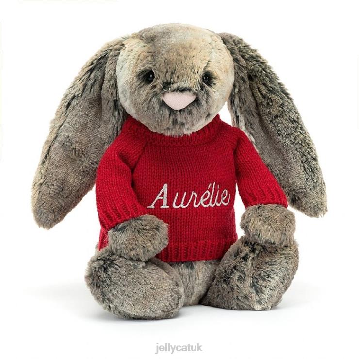 Jellycat Toy V248Z414 Bashful Cottontail Bunny with Personalised Red Jumper Grey