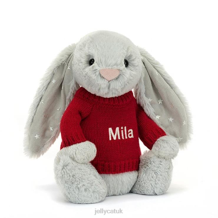 Jellycat Toy V248Z416 Bashful Shimmer Bunny with Personalised Red Jumper Grey