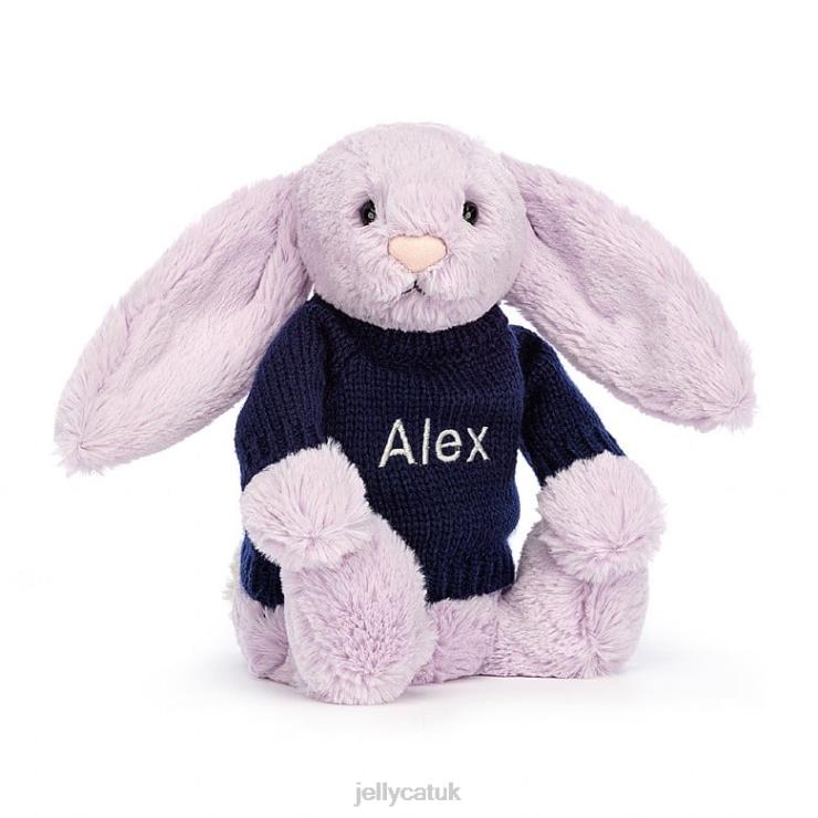 Jellycat Toy V248Z453 Bashful Bunny with Personalised Navy Jumper Lilac