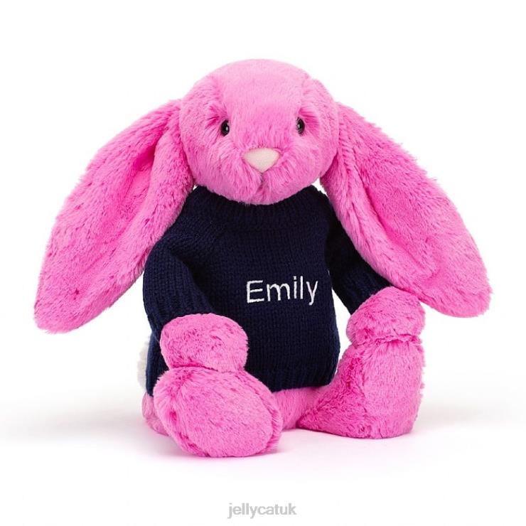 Jellycat Toy V248Z470 Bashful Bunny with Personalised Navy Jumper Hot Pink