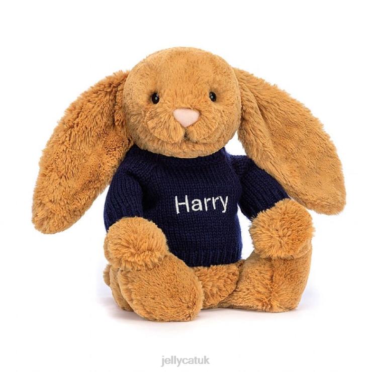 Jellycat Toy V248Z471 Bashful en Bunny with Personalised Navy Jumper Gold