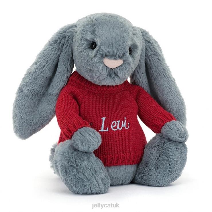 Jellycat Toy V248Z473 Bashful Dusky Bunny with Personalised Red Jumper Blue