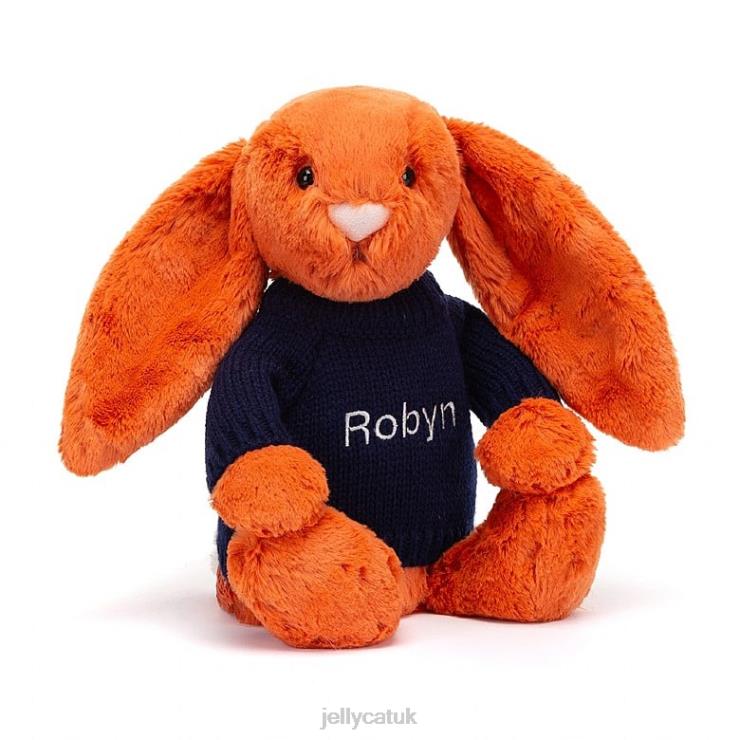 Jellycat Toy V248Z508 Bashful Tangerine Bunny with Personalised Navy Jumper Orange