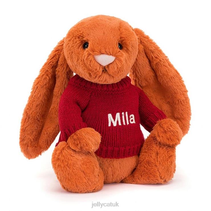 Jellycat Toy V248Z509 Bashful Tangerine Bunny with Personalised Red Jumper Orange