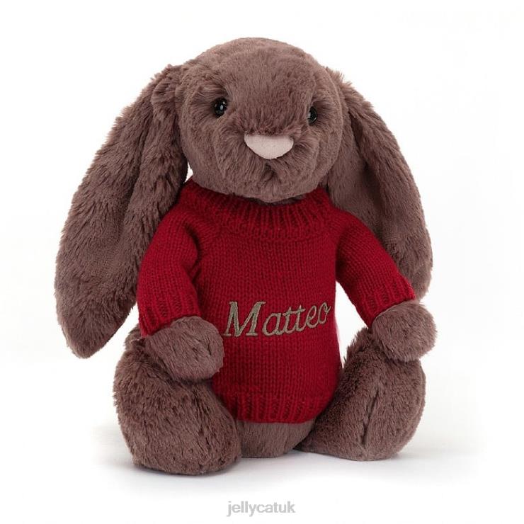 Jellycat Toy V248Z511 Bashful Fudge Bunny with Personalised Red Jumper Chocolate