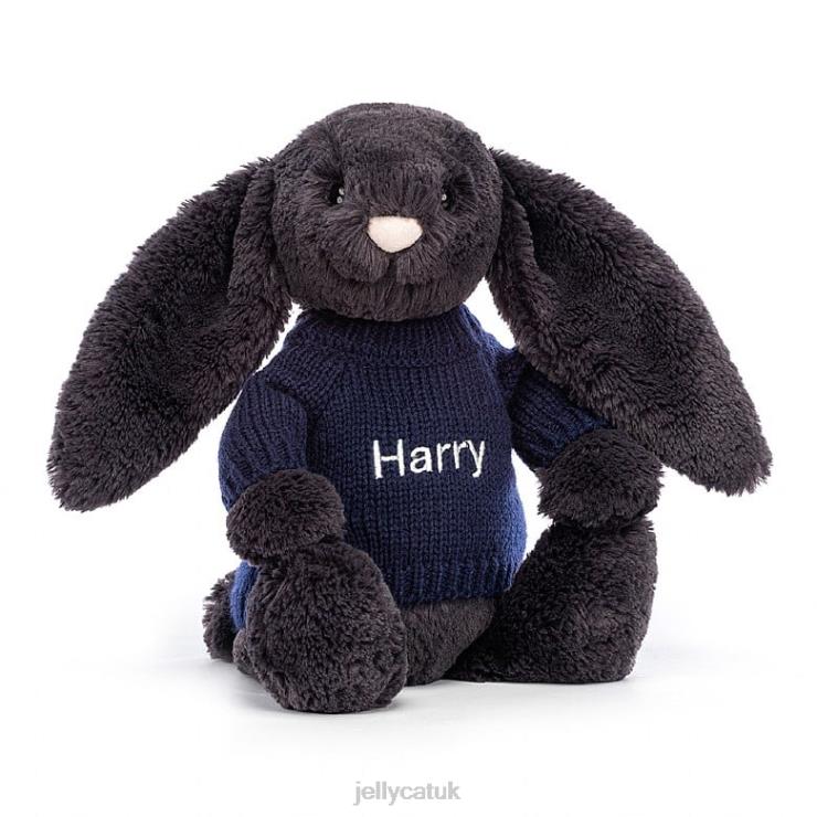 Jellycat Toy V248Z514 Bashful y Bunny with Personalised Navy Jumper Ink