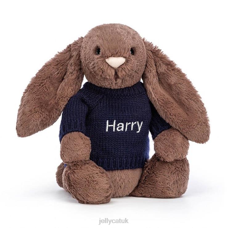 Jellycat Toy V248Z522 Bashful Fudge Bunny with Personalised Navy Jumper Chocolate