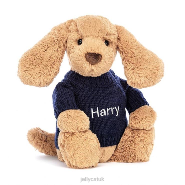 Jellycat Toy V248Z139 Bashful Toffee Puppy with Personalised Navy Jumper Beige