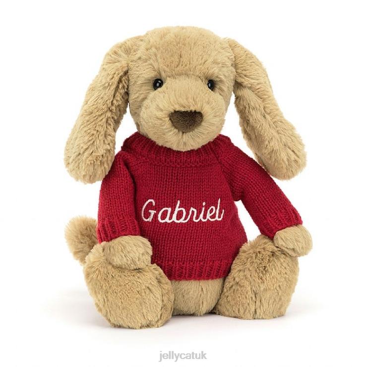 Jellycat Toy V248Z158 Bashful Toffee Puppy with Personalised Red Jumper Beige