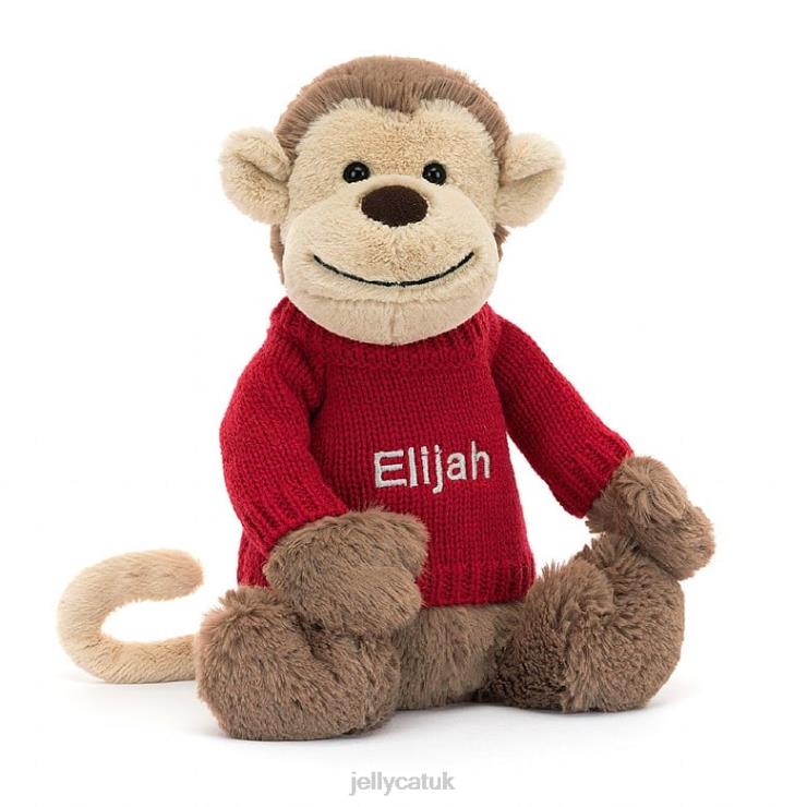 Jellycat Toy V248Z189 Bashful Monkey with Personalised Red Jumper Brown