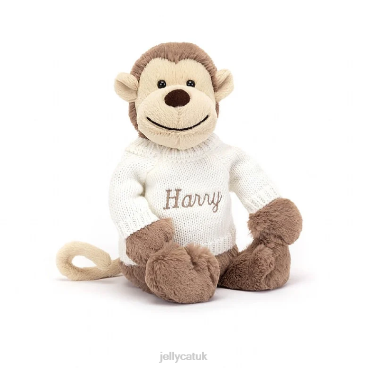 Jellycat Toy V248Z191 Bashful Monkey with Personalised Cream Jumper Brown