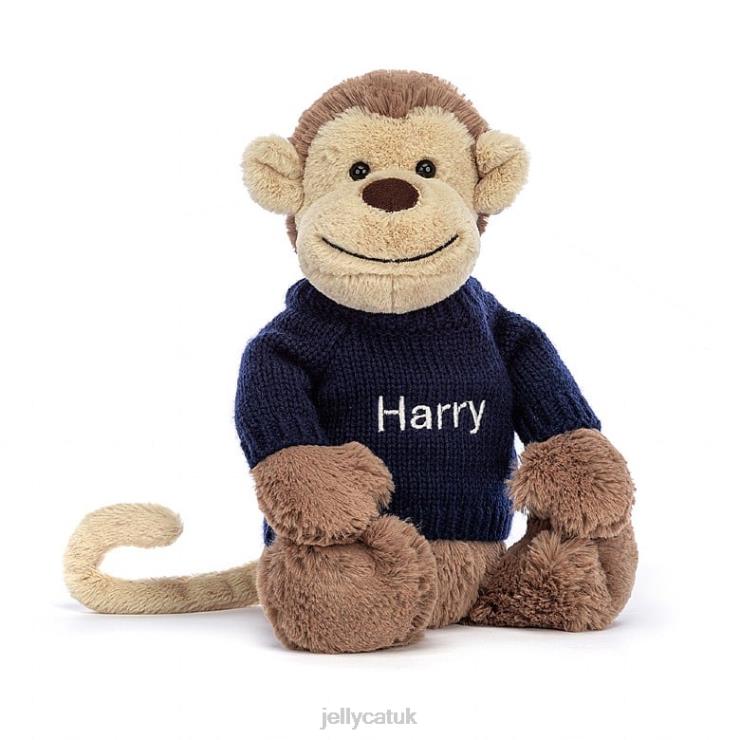 Jellycat Toy V248Z192 Bashful Monkey with Personalised Navy Jumper Brown