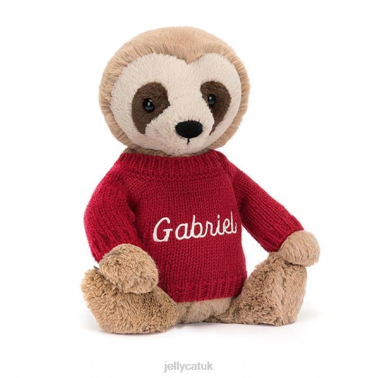 Jellycat Toy V248Z205 Bashful Sloth with Personalised Red Jumper Tan