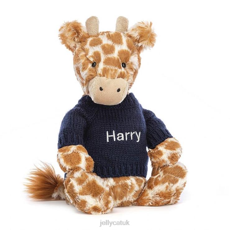 Jellycat Toy V248Z283 Bashful Giraffe with Personalised Navy Jumper Orange