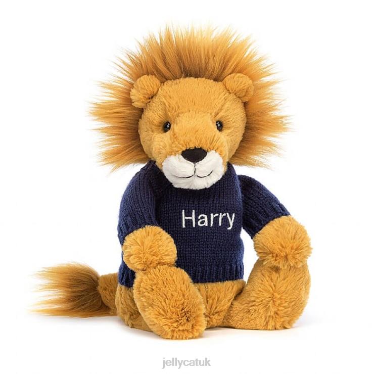 Jellycat Toy V248Z534 Bashful Lion with Personalised Navy Jumper Yellow