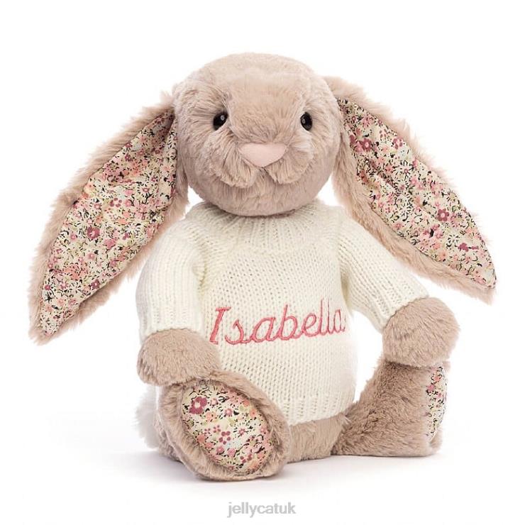 Jellycat Toy V248Z160 Blossom Bea Bunny with Personalised Cream Jumper Beige