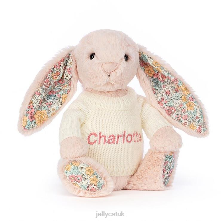 Jellycat Toy V248Z221 Blossom Blush Bunny with Personalised Cream Jumper Peach