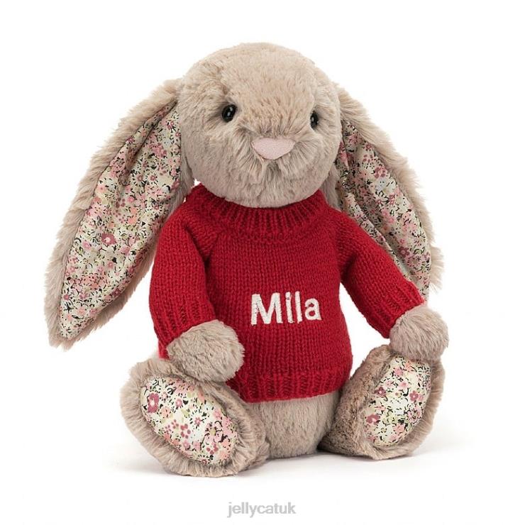 Jellycat Toy V248Z334 Blossom Bea Bunny with Personalised Red Jumper Beige