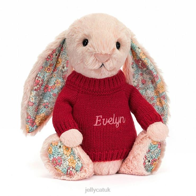 Jellycat Toy V248Z425 Blossom Blush Bunny with Personalised Red Jumper Peach