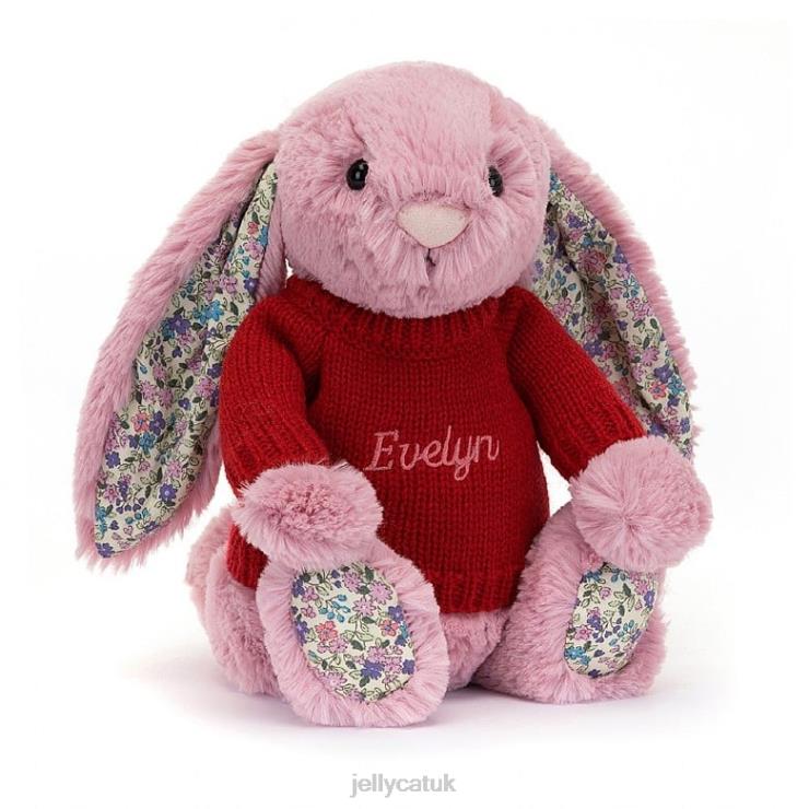 Jellycat Toy V248Z430 Blossom Tulip Bunny with Personalised Red Jumper Pink