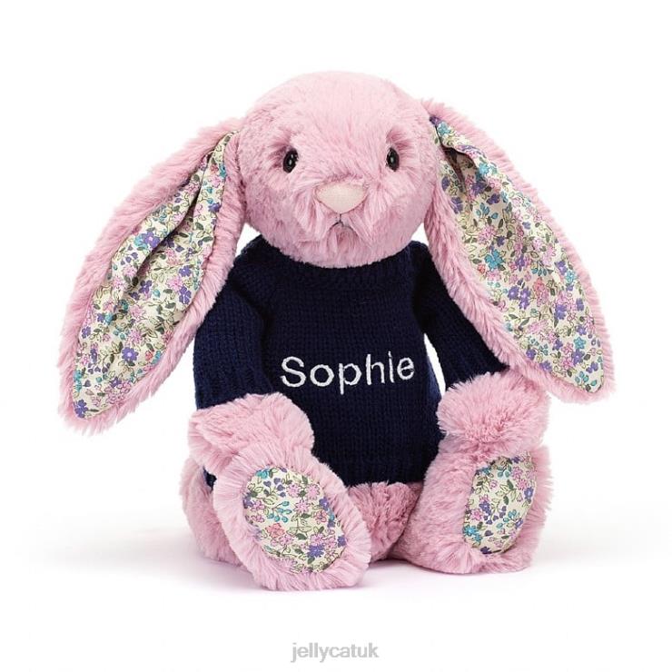 Jellycat Toy V248Z466 Blossom Tulip Bunny with Personalised Navy Jumper Pink