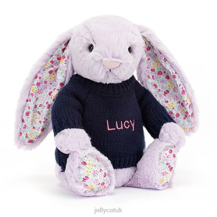 Jellycat Toy V248Z472 Blossom Jasmine Bunny with Personalised Navy Jumper Purple