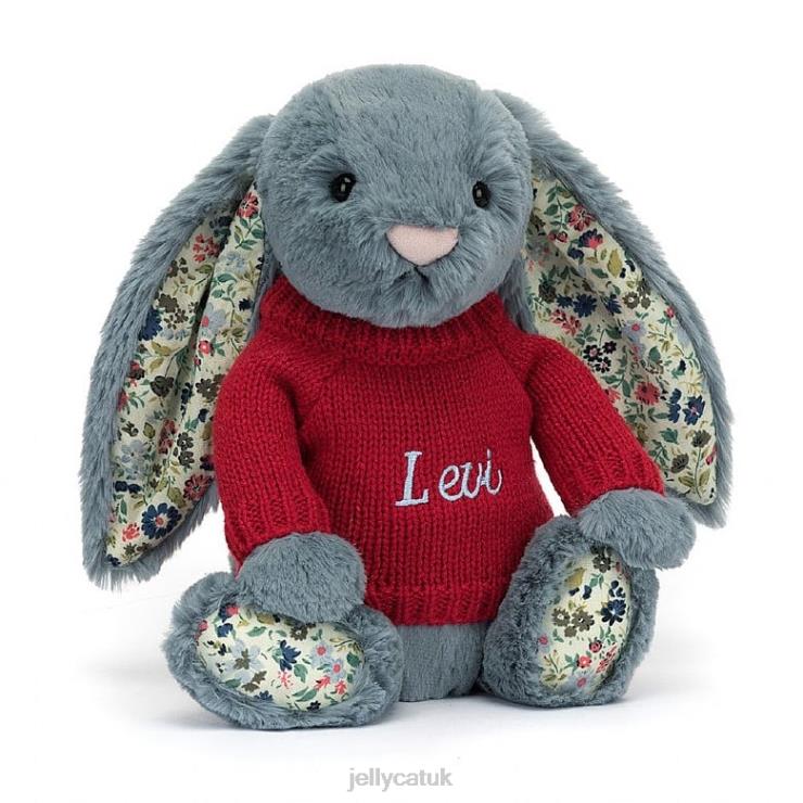 Jellycat Toy V248Z474 Blossom Dusky Bunny with Personalised Red Jumper Blue