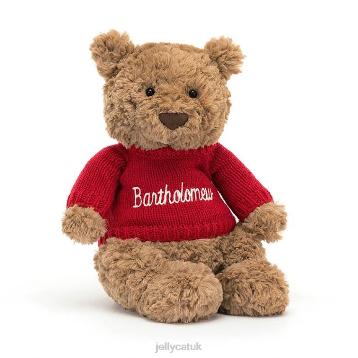 Jellycat Toy V248Z140 Bartholomew Bear with Personalised Red Jumper Brown